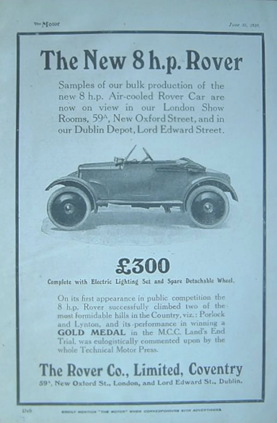 Werbung für Rover 8hp, Juli 1920
