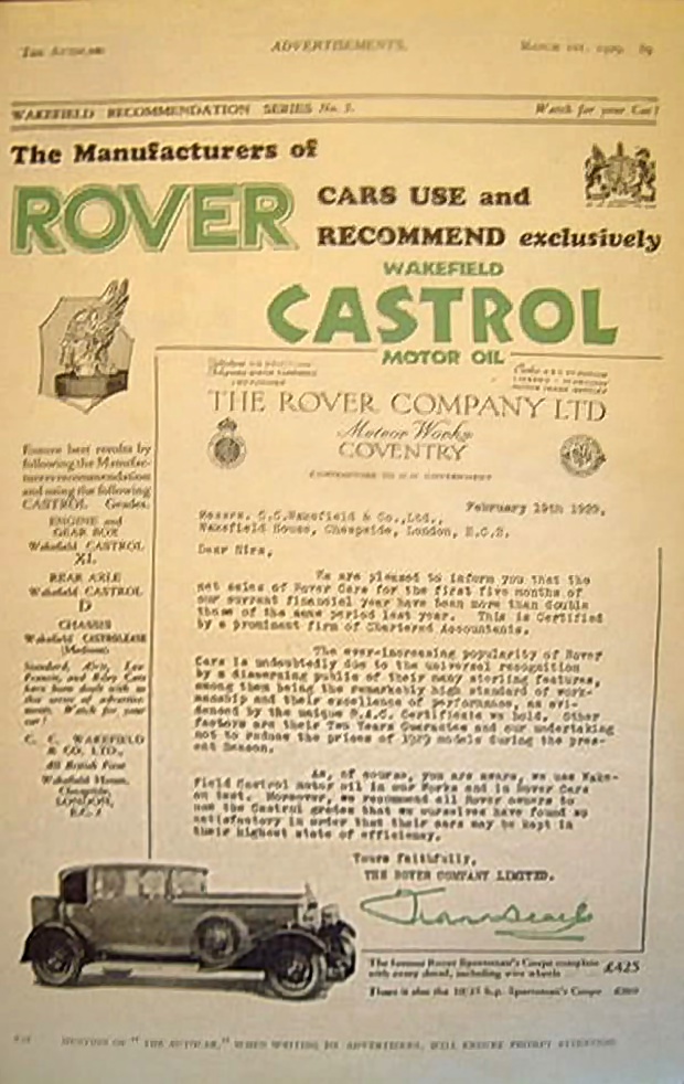 Castrol - Werbung mit Rover 10/25hp 1929