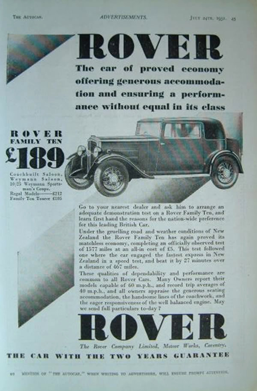 Werbung Rover 10/25hp 1931