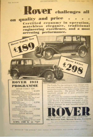 Werbung Rover 10/25hp 1931