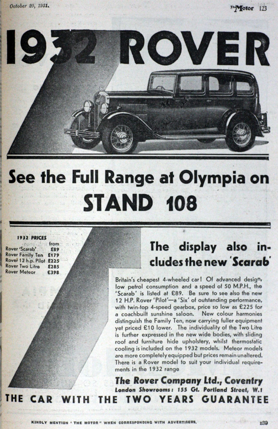 Werbung Rover 10/25hp 1931