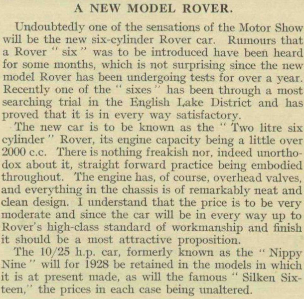 1927 Motor Sport Artikel zum 2-litre Six, September 1927