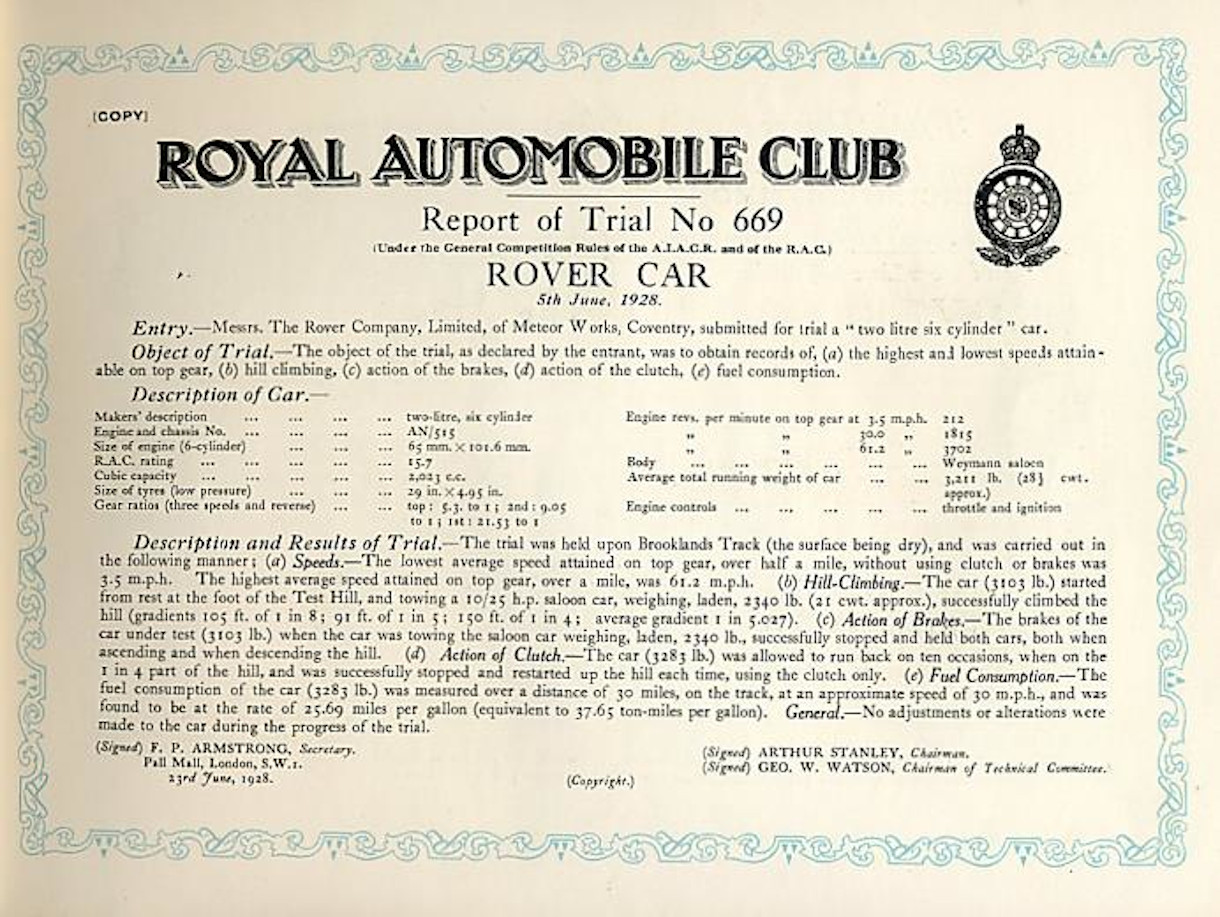 1928 2-litre Six RAC Certificate