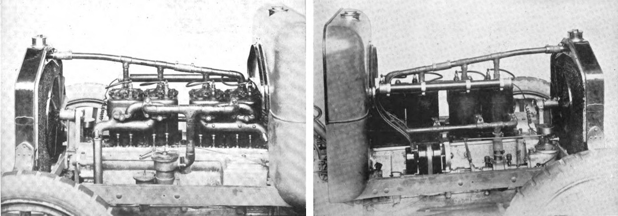 1908 Rover 16/20 hp - Ansicht des Motors von der linken und rechten Fahrzeugseite