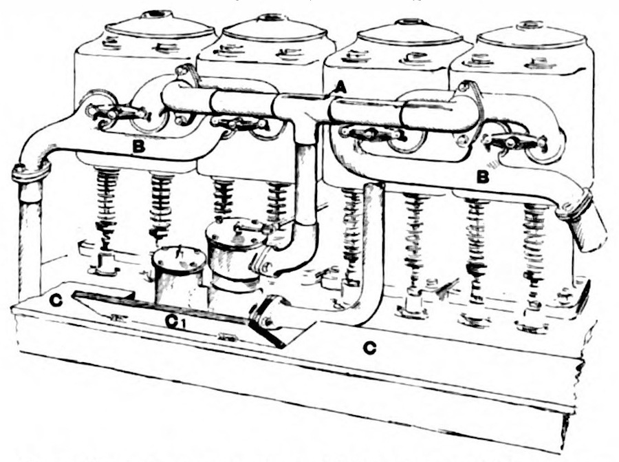 1908 Rover 16/20 hp - Detail-Skizze des Motors - hier Lage von Ein- und Auslaßkrümmer