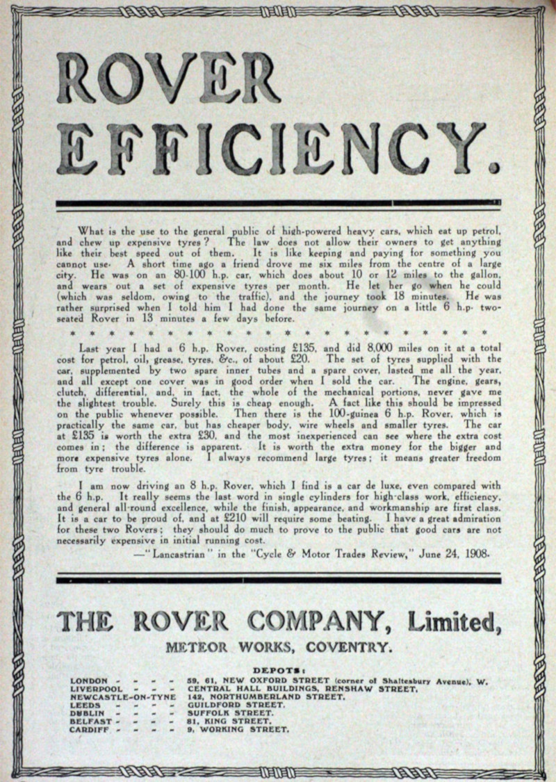 Werbung für Rover 6hp, 8hp und 16-20hp, 1906