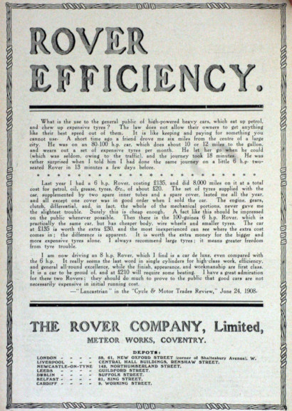 Werbung für Rover 6hp und 8hp, 1908