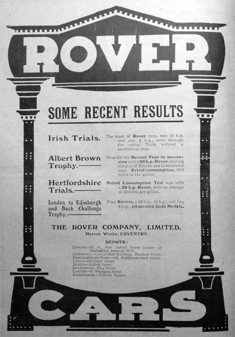 Werbung für Rover 6hp, 8hp und 15, 1909