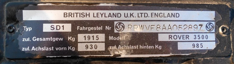 ROVER SD1 3500 Typenschild 1978