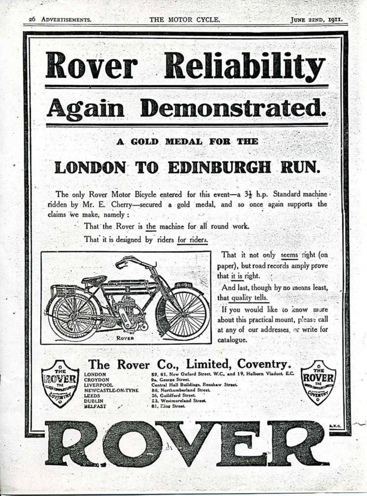 Advert for Rover 3.5hp Motorcycle, 1911