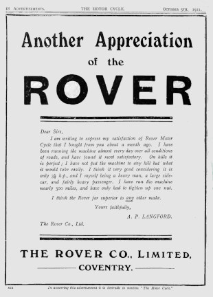 Advert for Rover Motorcycle 3.5hp, 1911 Advert for Rover Motorcycle, 1911