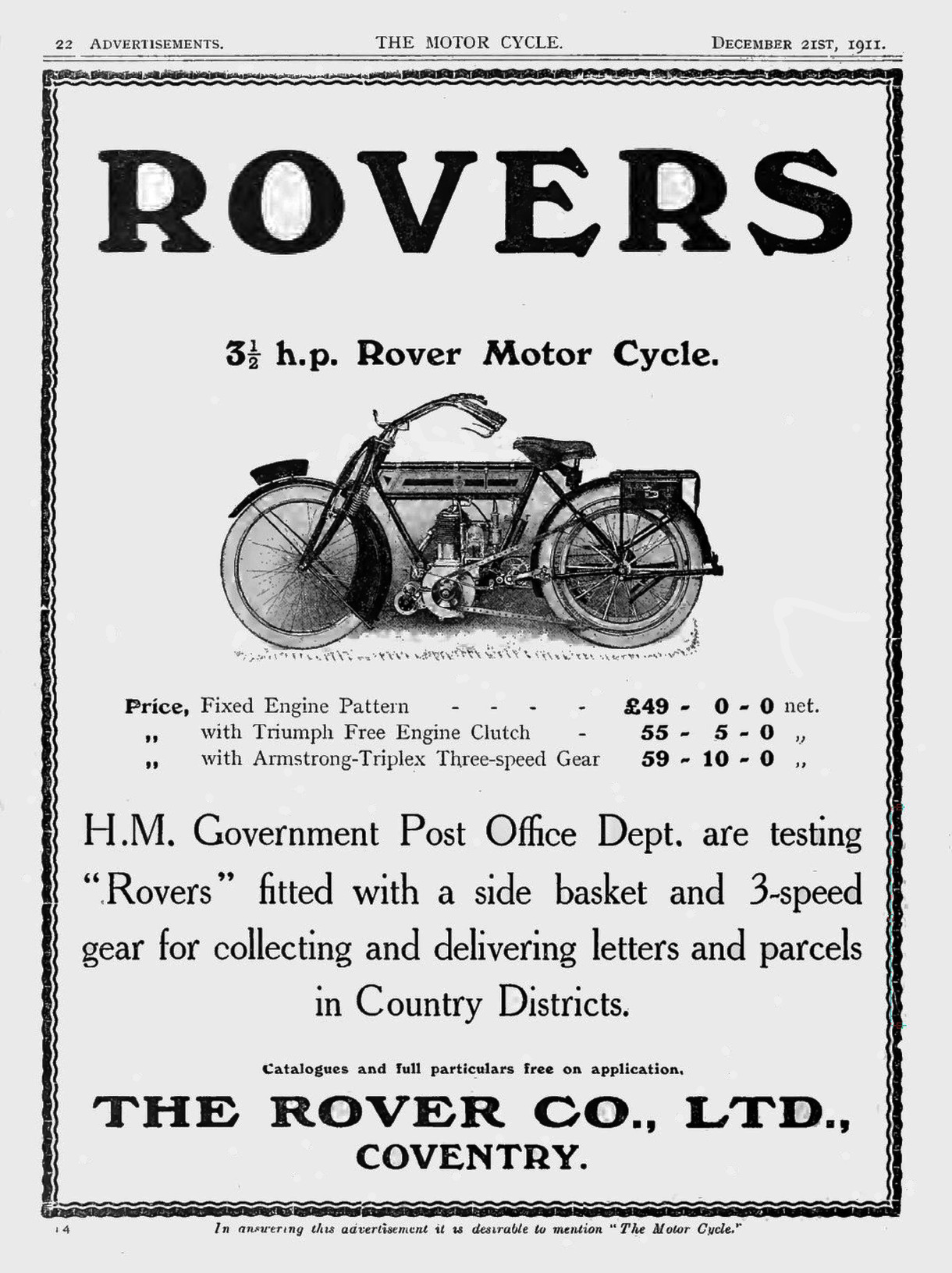 Advert for Rover Motorcycle 3.5hp, 1911