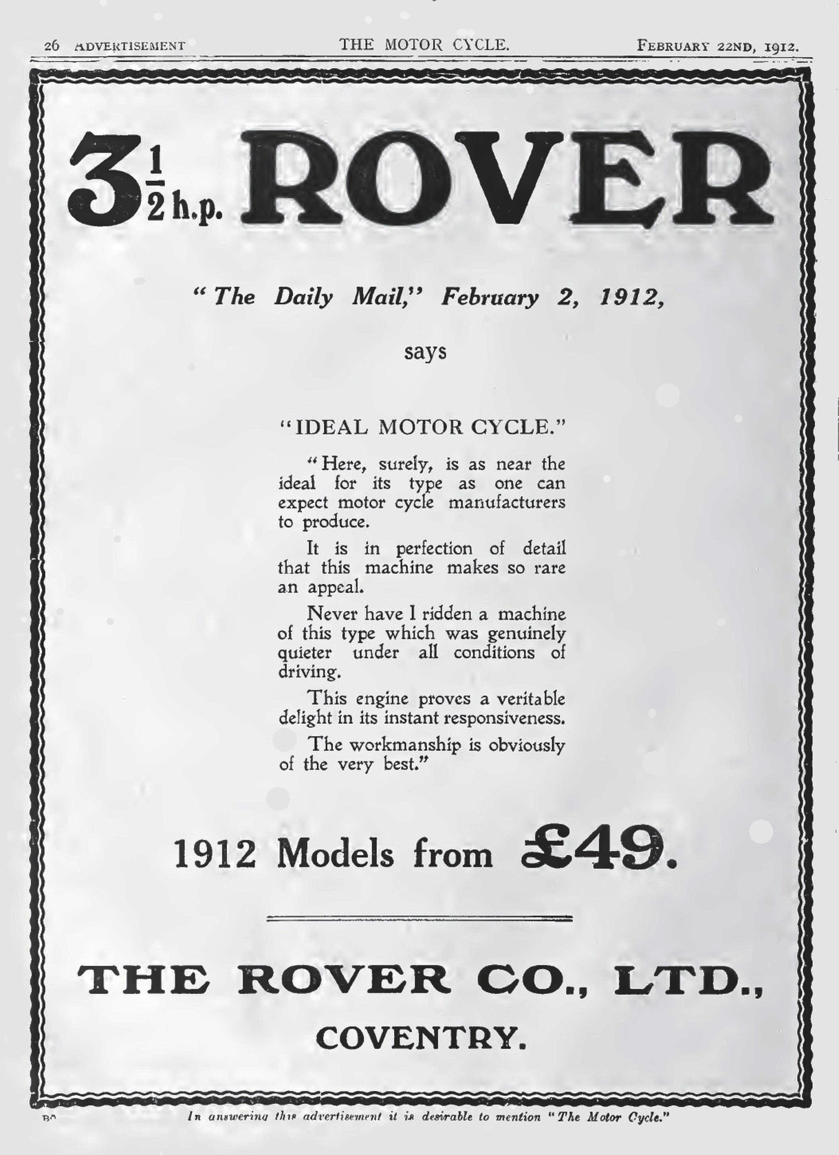 Advert for Rover Motorcycle 3.5hp, 1912