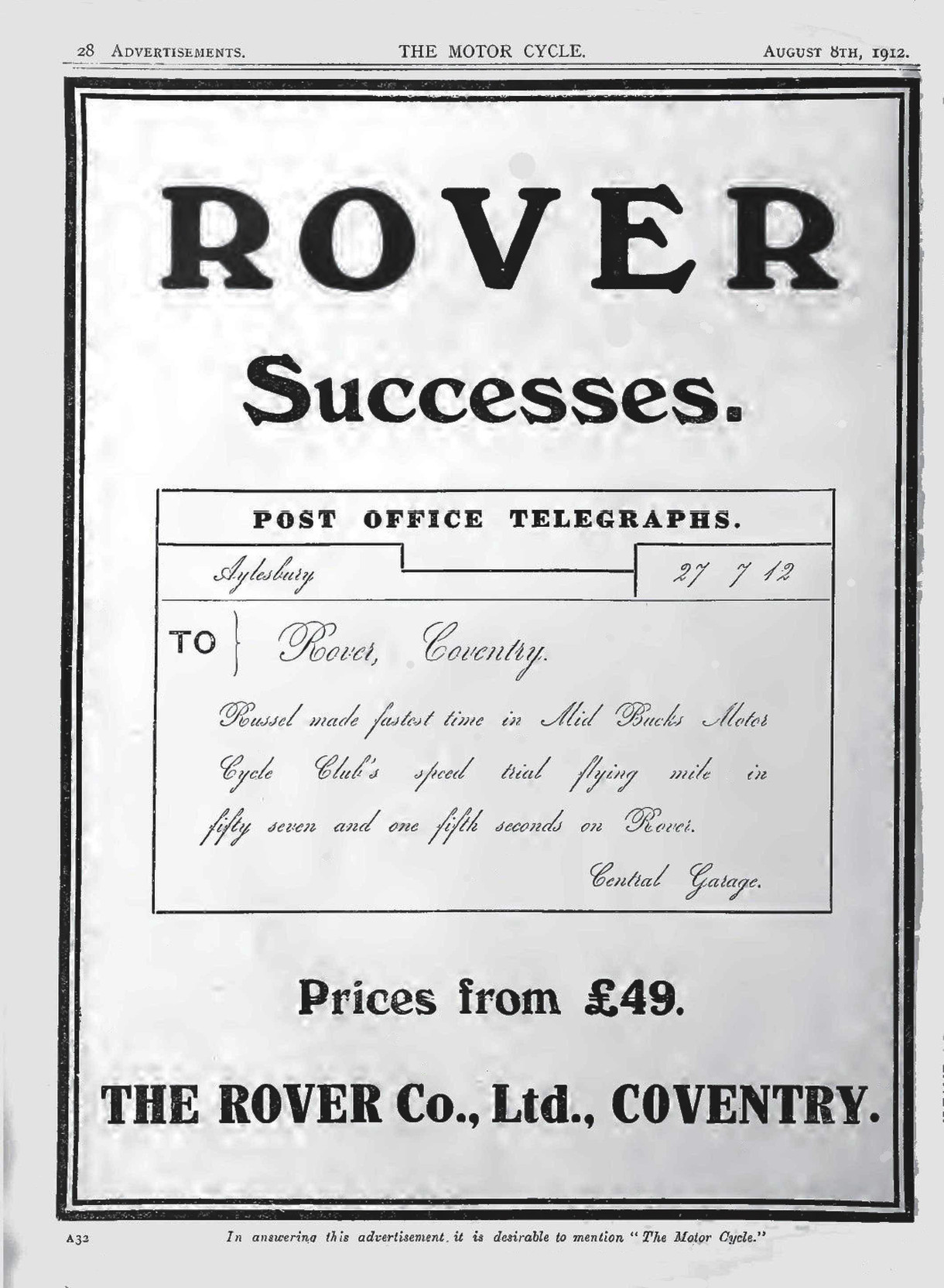 Advert for Rover Motorcycle 3.5hp, 1912