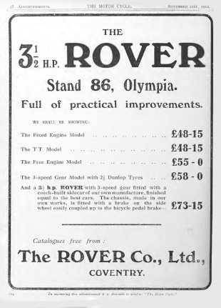 Advert for Rover Motorcycle 3.5hp, 1912 Advert for Rover Motorcycle 3.5hp, 1912