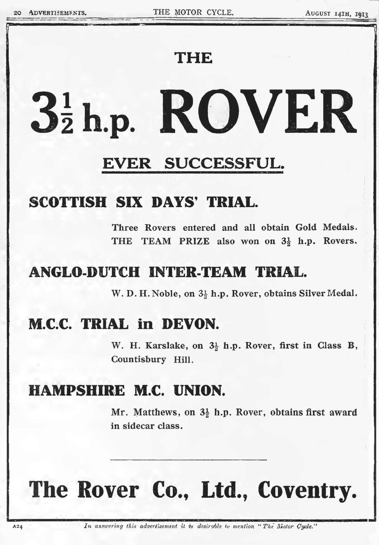 Advert for Rover Motorcycle 3.5hp, 1913