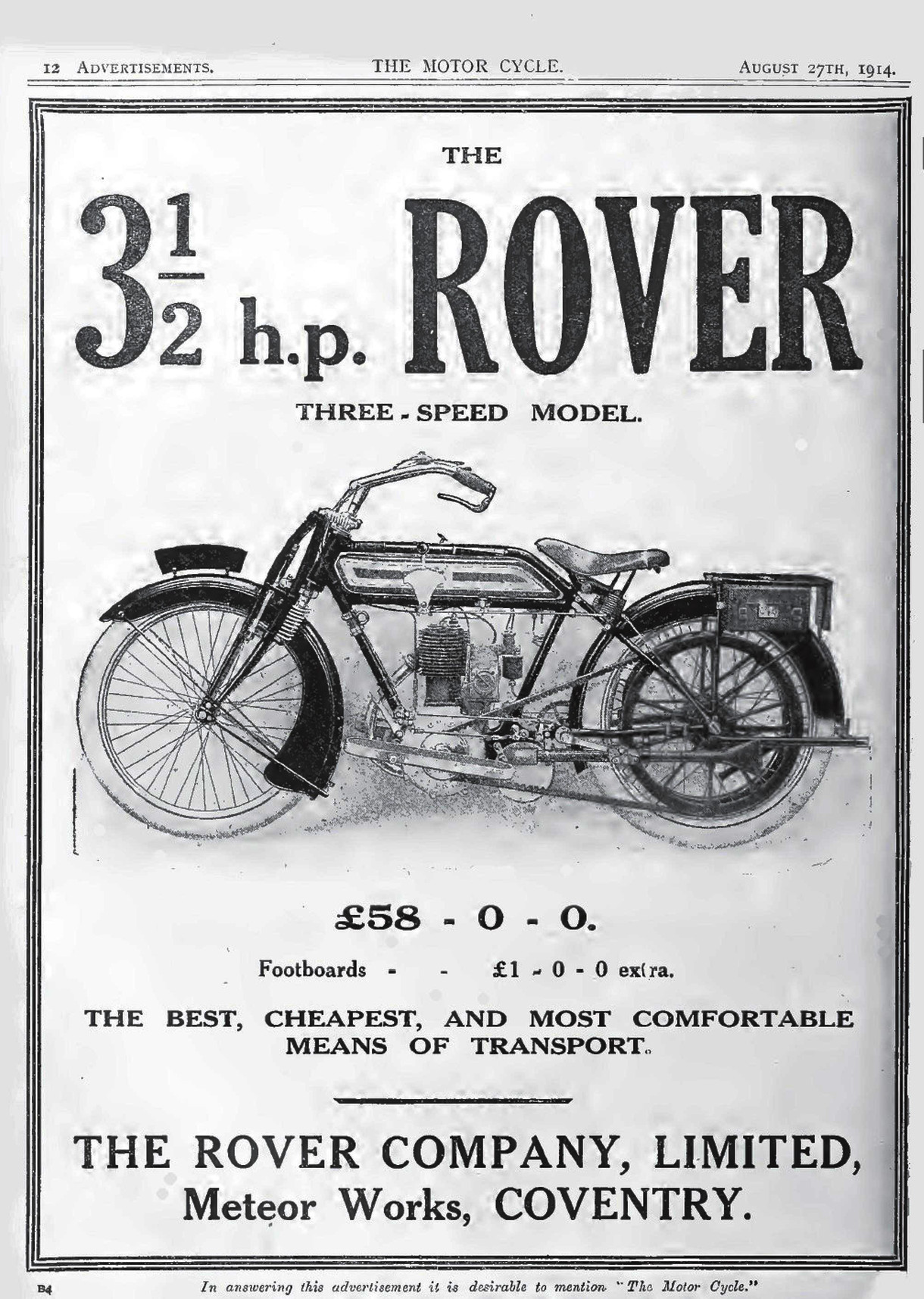 Advert for Rover Motorcycle 3.5hp, 1914