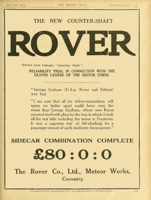 Advert for Rover Motorcycle 3.5hp, 1915 Advert for Rover Motorcycle 3.5hp, 1915