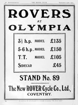 Advert for Rover Motorcycle 3.5hp, 1920 Advert for Rover Motorcycle 3.5hp, 1920